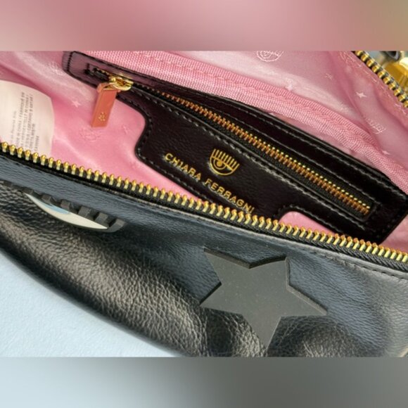 🆕 CHIARA FERRAGNI 🧿 NWOT Eye Star Patch Belt Bag, Black PU Leather White Strap - Picture 10 of 15